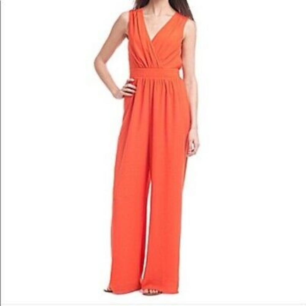 Belle Badgley Mischka Sleeveless V-Neck Pantsuit Jumpsuit Orange